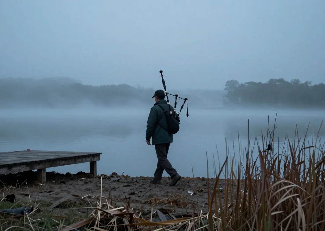 Musician walking along a misty lake shore carrying bagpipes over the shoulder