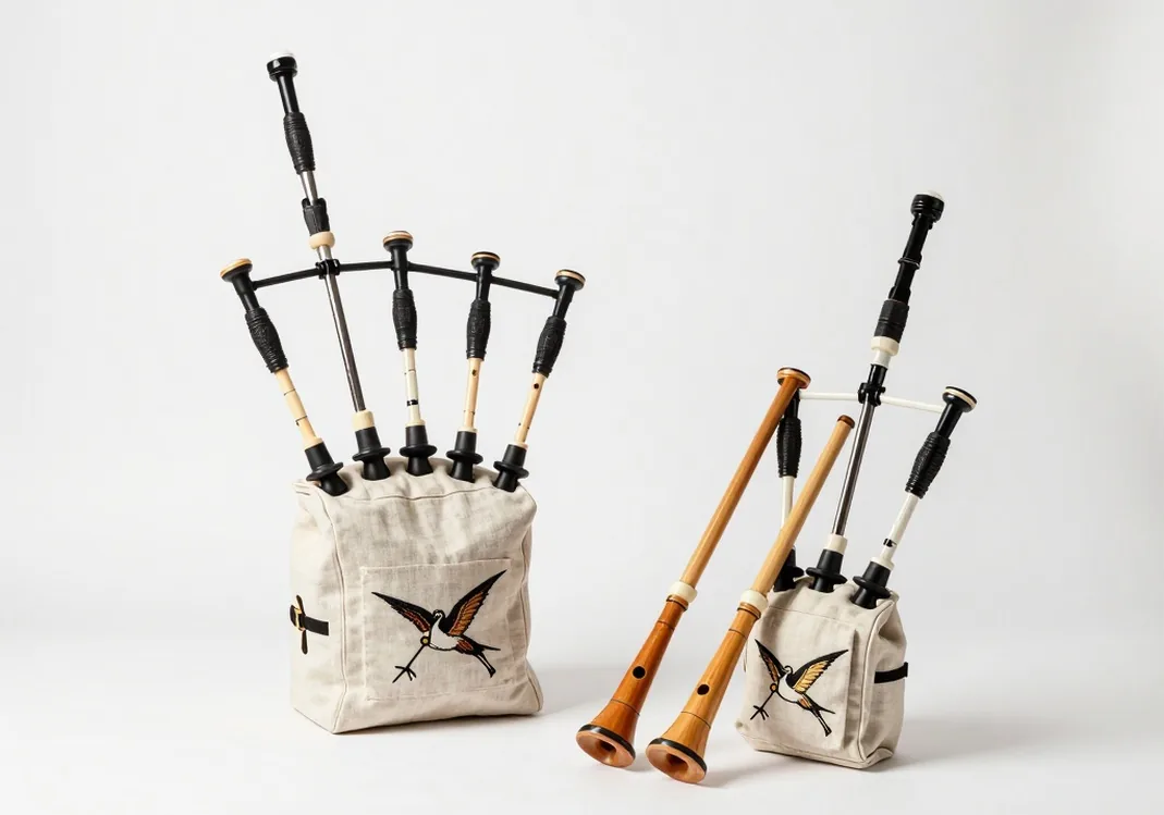 Group composition of a bagpipe set with embroidered linen bag cover and two drones